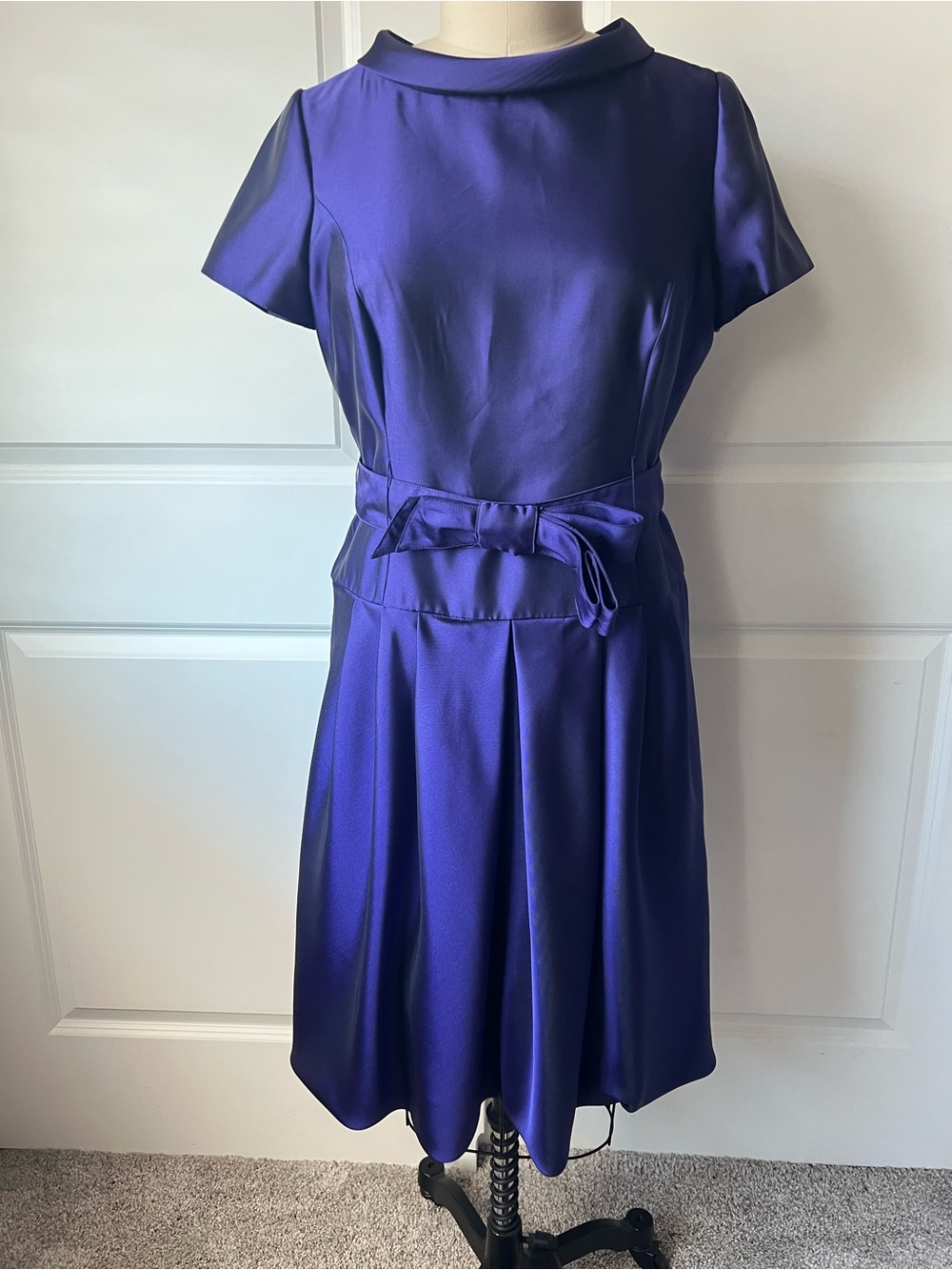 Rickie Freeman Teri Jon Purple Satin Short-Sleeve Dress with Waist Bow